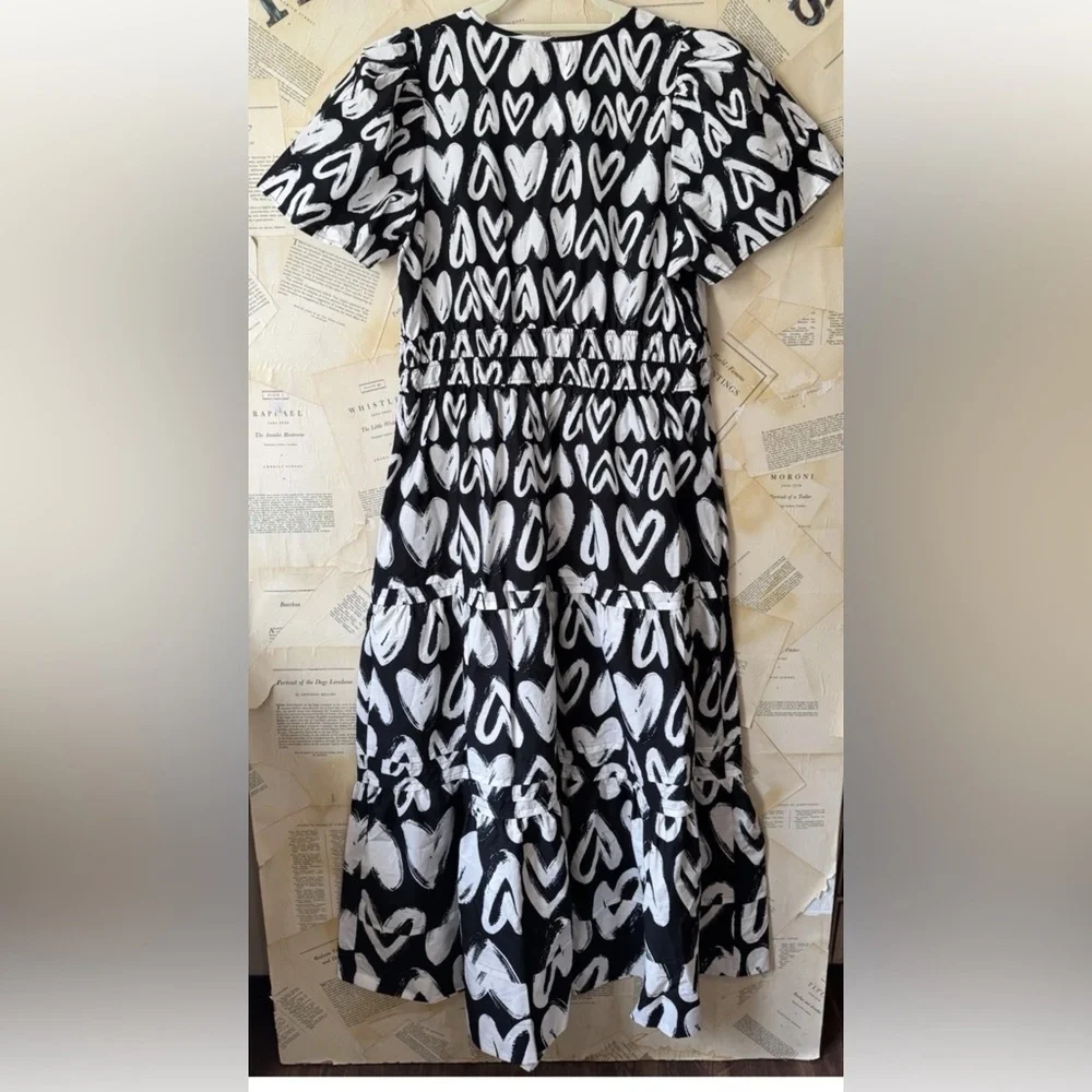Anthropologie The Somerset Maxi Dress Smocked Heart Edition Poplin Black White - Picture 7 of 7